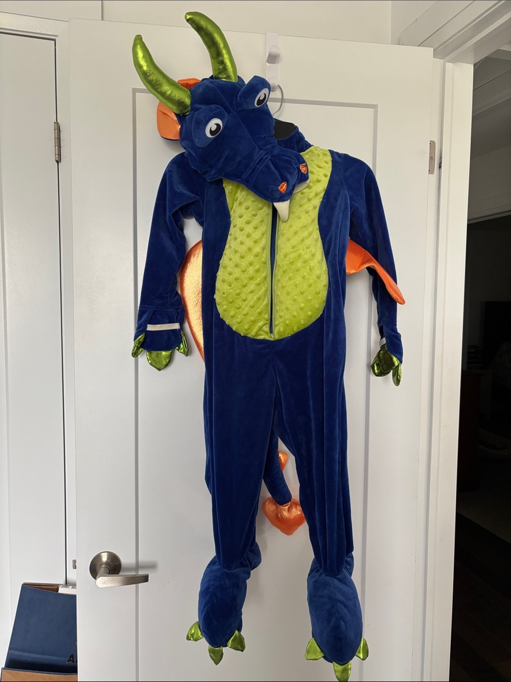 Plush Blue Dragon Kids Costume with Green Accents - Hooded Jumpsuit
